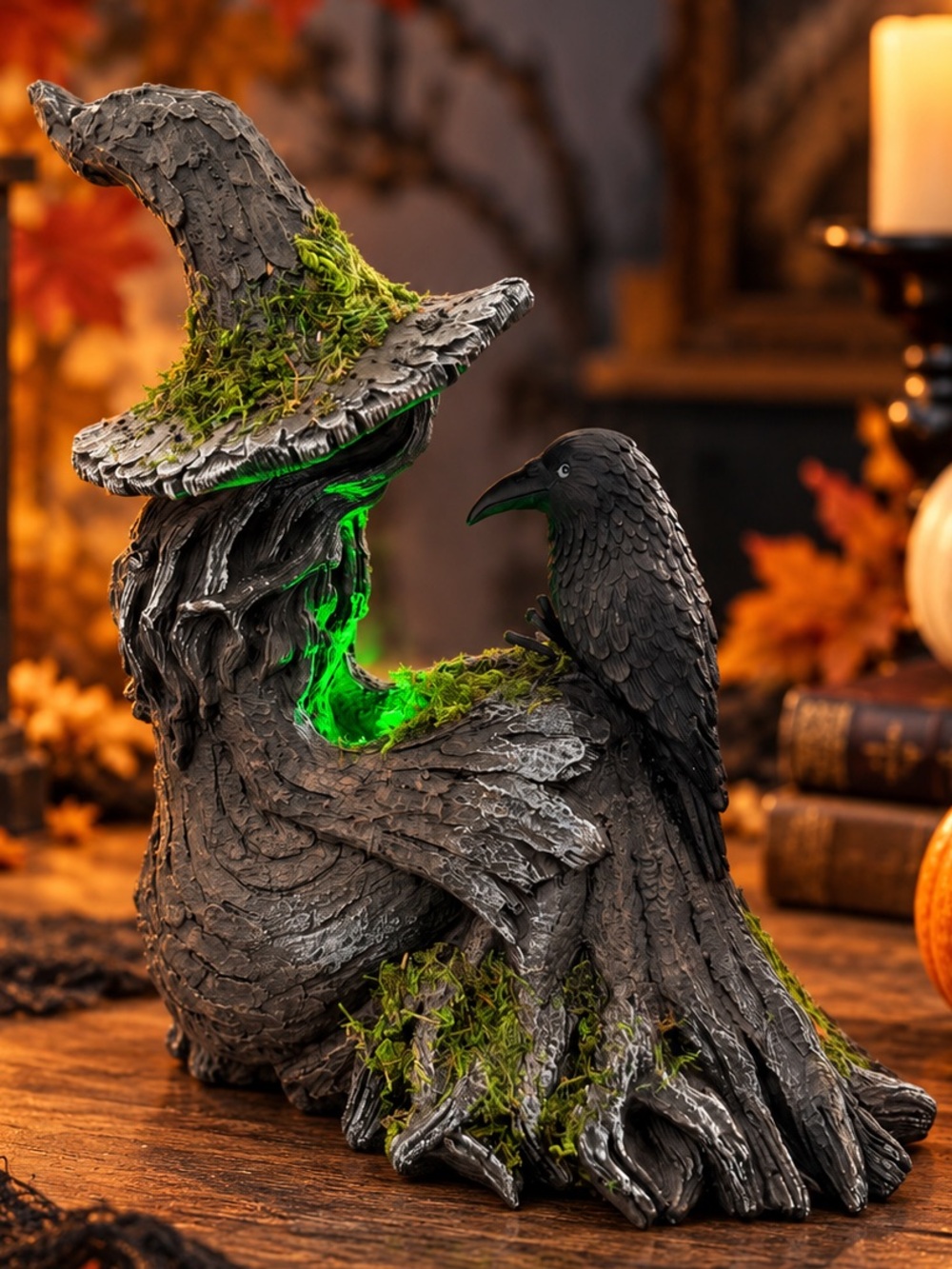 Halloween witch with raven Mossy Tree Witch with Crow Light Up Figurine 12”